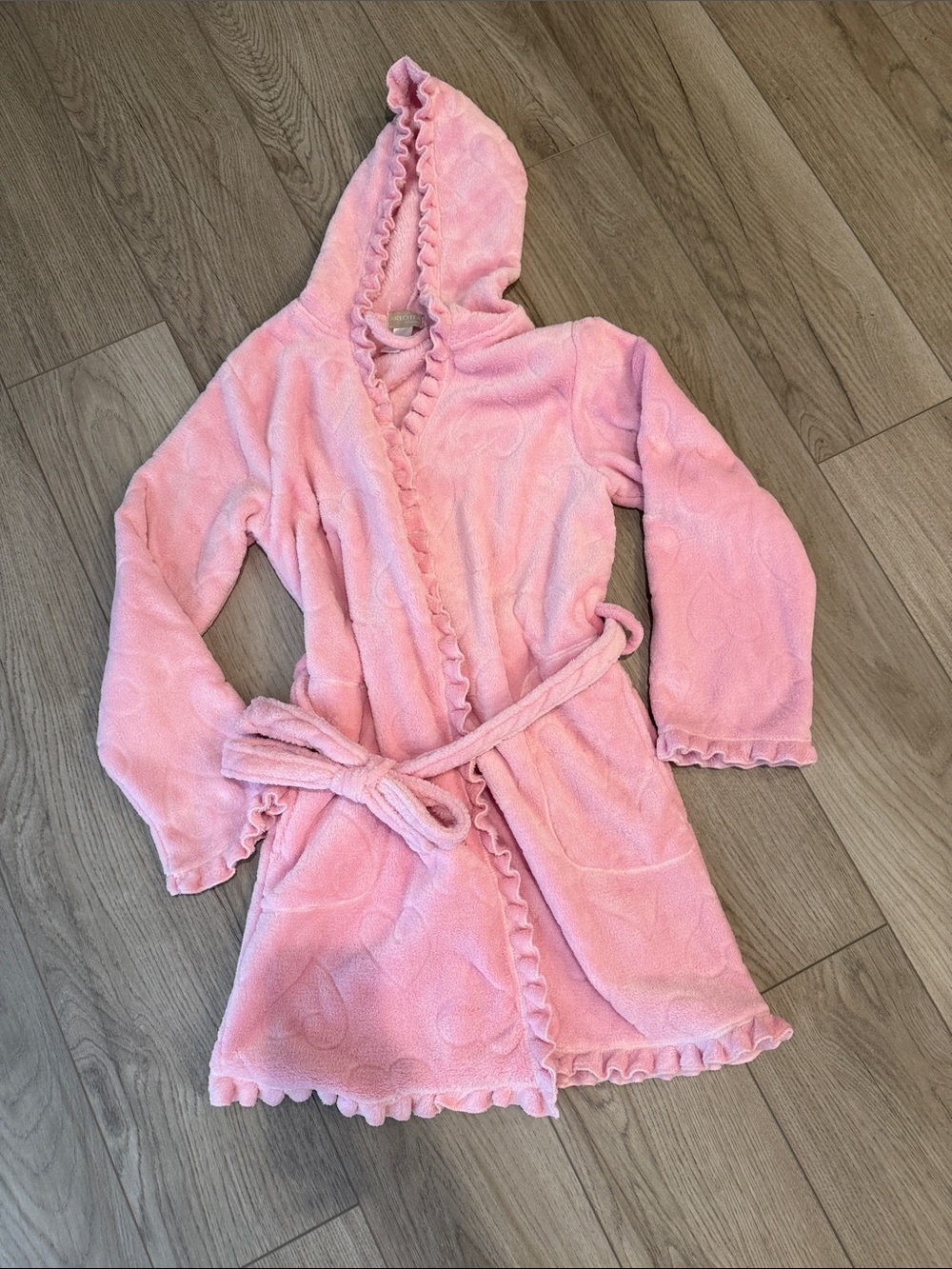 Pink Hooded Plush Bathrobe with Ruffle Trim